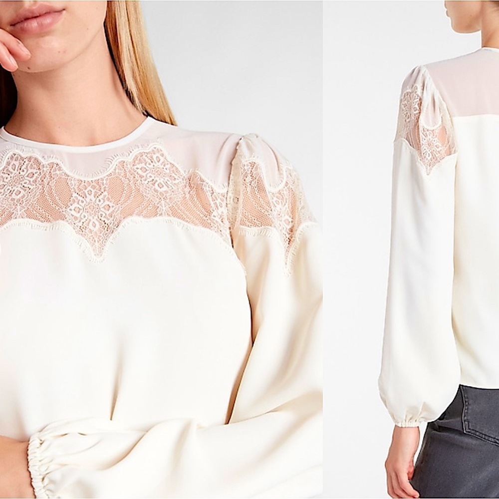 Express Lace Balloon Sleeve Top Ivory M